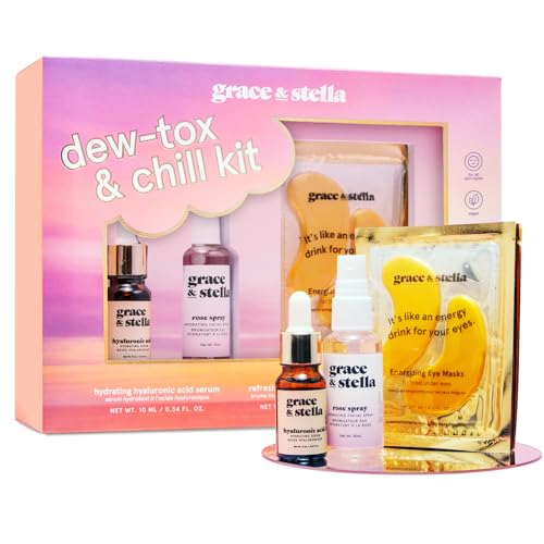 grace & stella Award Winning Dew-Tox & Chill Skincare Gift Set - Christmas Stocking Stuffer with Gold Eye Masks, Hyaluronic Acid Serum & Rose Spray - Teen Girl Gifts - Gifts for Women, Mom, Brides